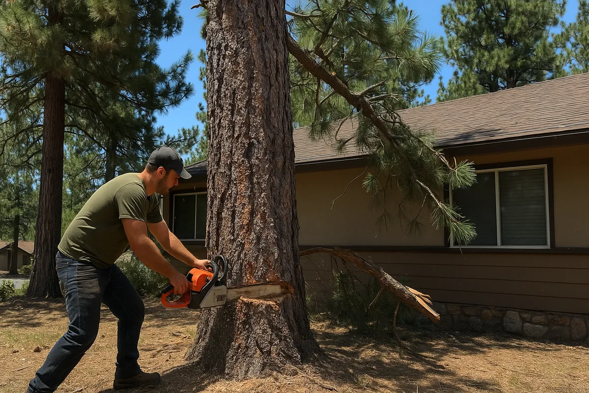 Affordable Tree Removal Service in Yucaipa, CA showing professional crew safely removing a large tree, emphasizing quality and transparent pricing.