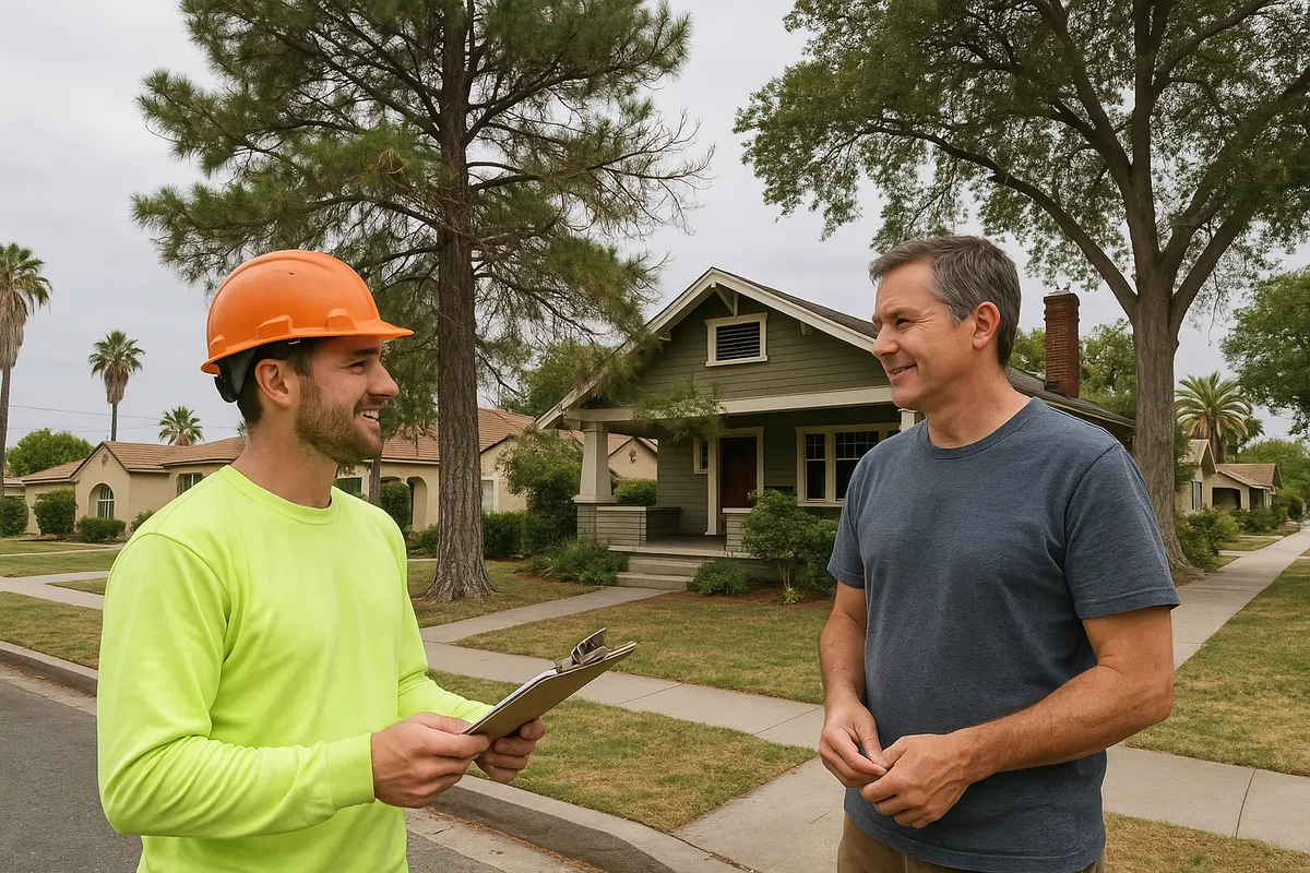 Redlands, CA residential neighborhood with well-maintained trees being professionally trimmed for HOA compliance.