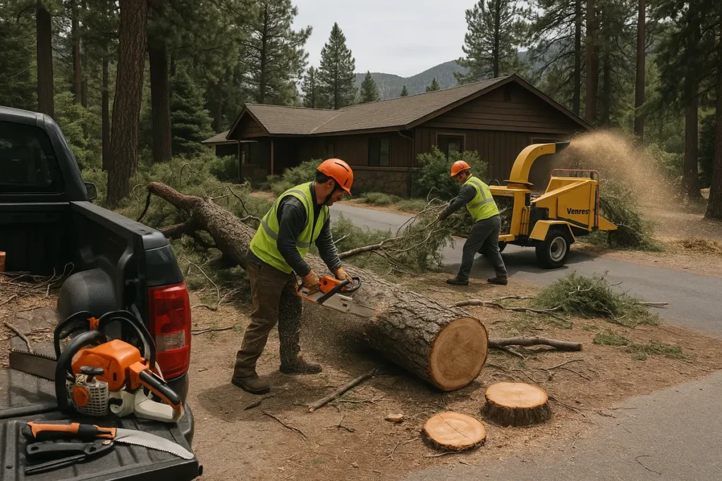 Fallen tree removal service working in San Bernardino County, CA, clearing debris from a residential property after a storm