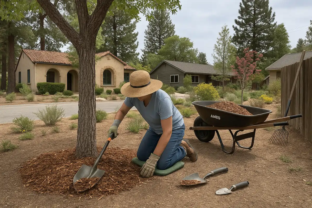 Fruit trees being fertilized in an orchard in Running Springs, CA to enhance growth and improve fruit yields.