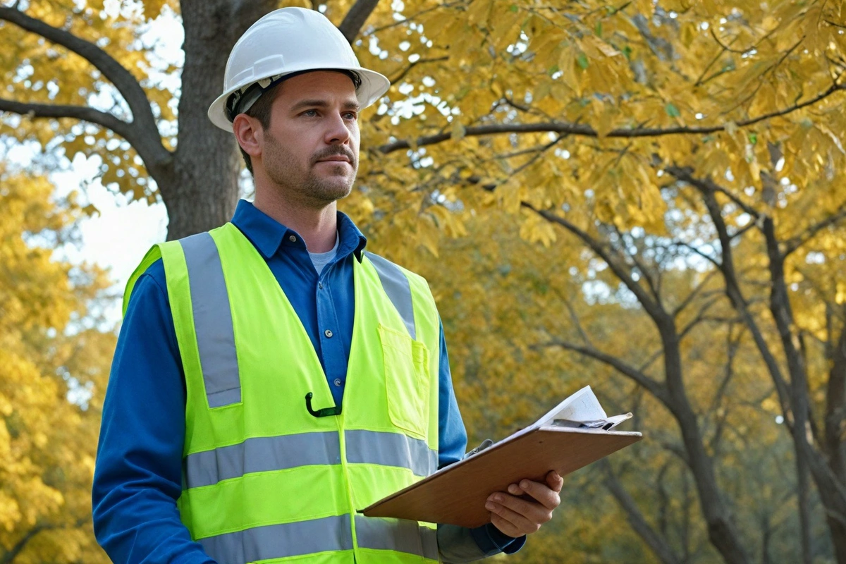 A licensed commercial tree contractor safely trimming large trees along a Riverside, CA street to protect local businesses and enhance property value.