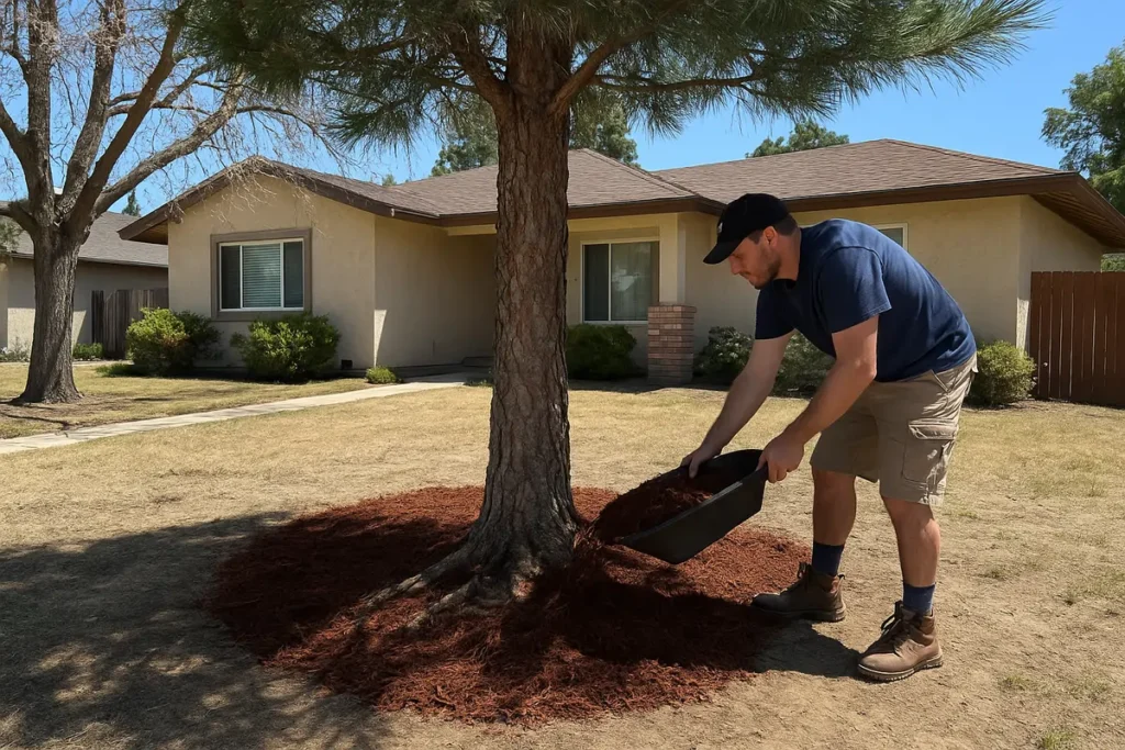Organic mulching service being applied to a garden bed in San Bernardino County, CA, showcasing eco-friendly landscape care with natural materials around healthy plants.