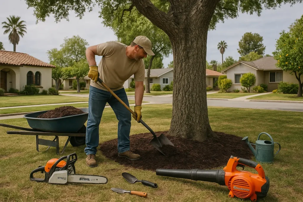 Professional arborist applying fertilizer to a large tree in Running Springs, CA, promoting healthy growth and vibrant foliage.