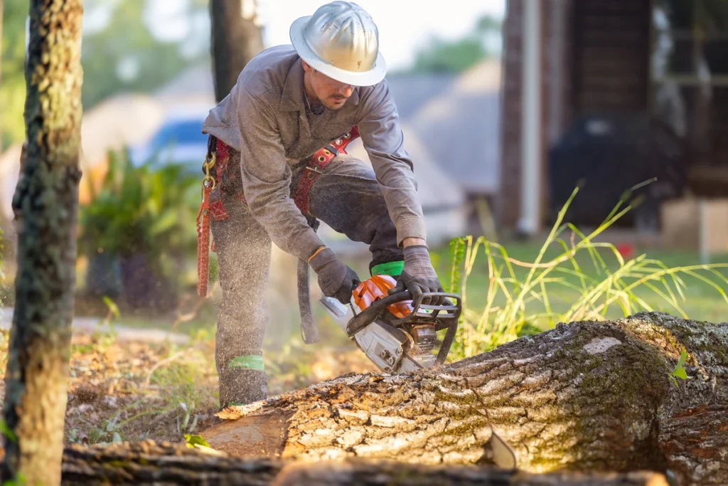 Tree removal service professionals safely cutting down a large tree in Hunters Ridge, CA, with residential homes in the background.